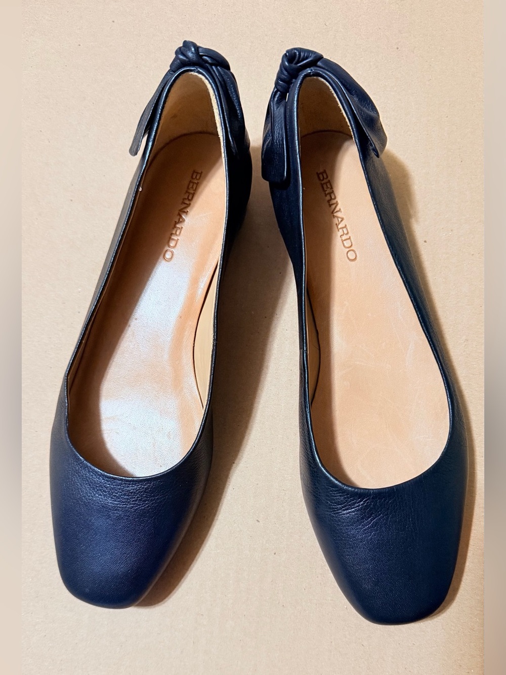 Bernardo Black Leather Square-Toe Ballet Flats